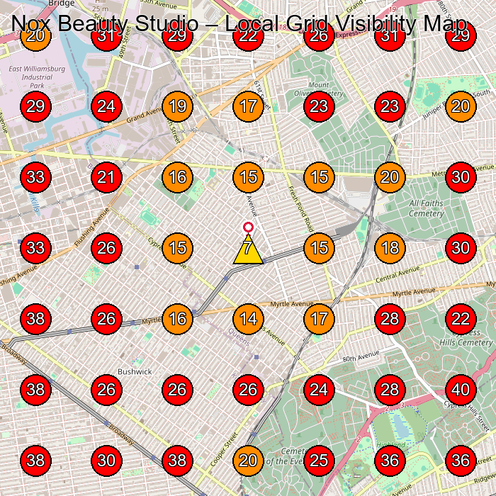 Nox Beauty Studio GeoGrid visibility map for Facial Spa in Queens